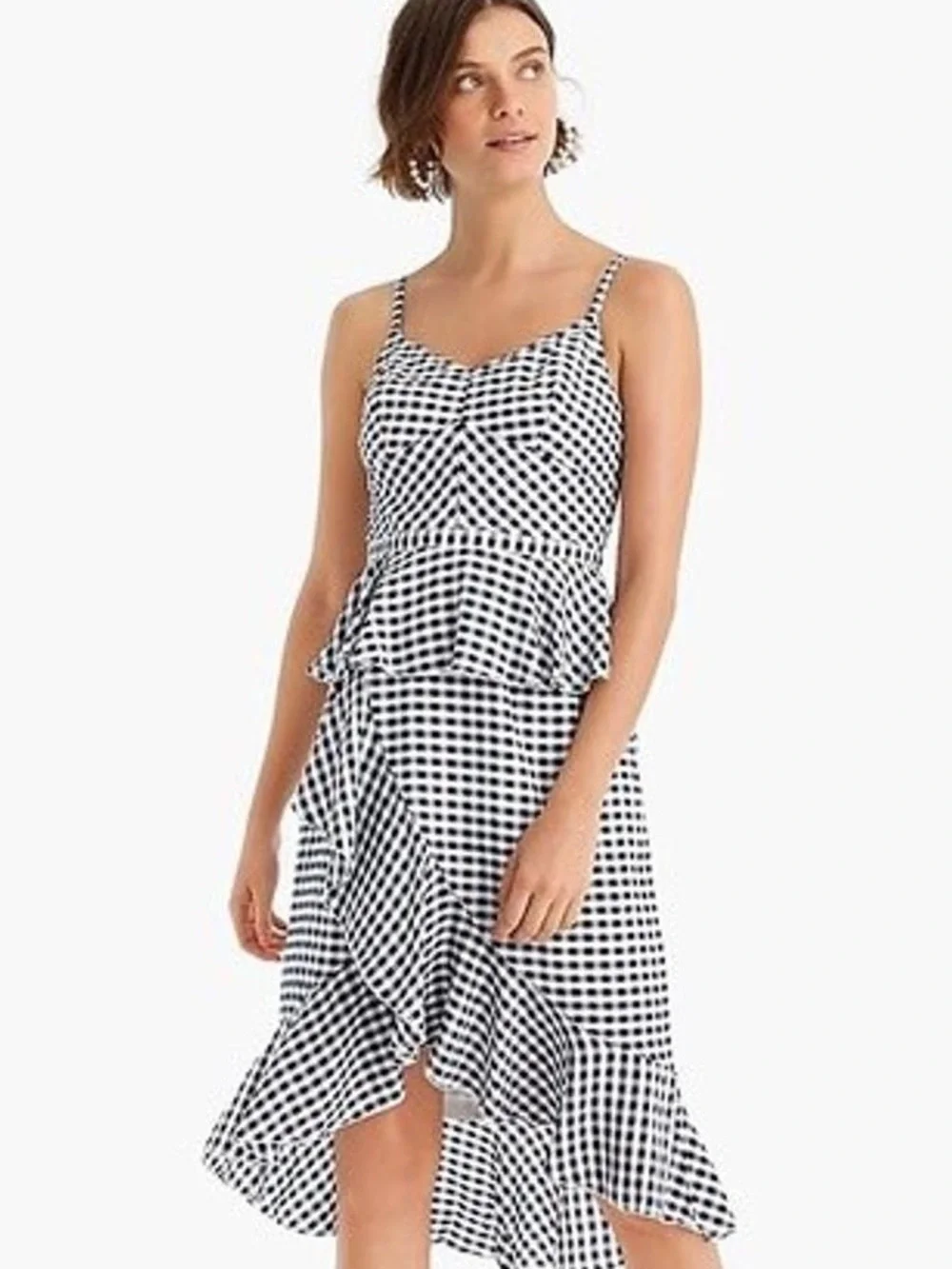 J. Crew Navy and White Gingham Ruffle Midi silk Dress size 6